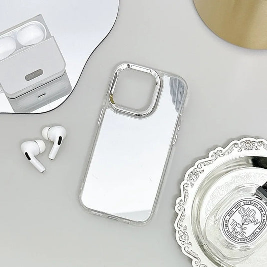 加厚防摔金屬按鈕透明框鏡面手機保護殼