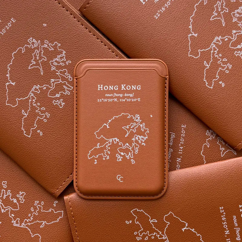 【Hong Kong 手繪地圖系列】MagSafe 啡色超強磁吸皮革卡套