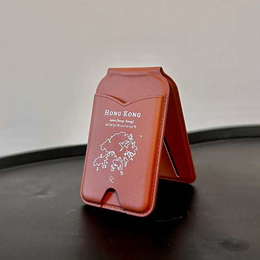 【Hong Kong 手繪地圖系列】MagSafe 啡色轉軸鏡子支架皮革卡套三合一