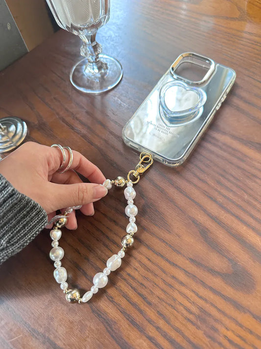 【全手工】金扣珍珠串珠手腕掛繩連透明夾片