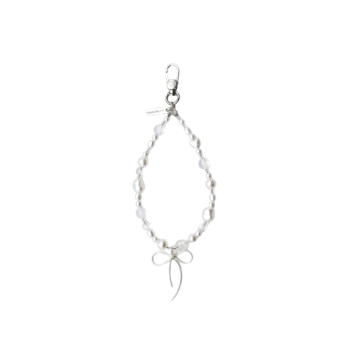 【全手工】銀扣白水晶珍珠串珠蝴蝶結手腕掛繩連透明夾片