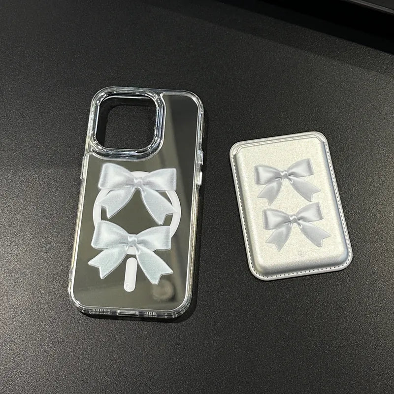 銀色雙蝴蝶結｜加厚防摔金屬按鈕透明框鏡面手機保護殼