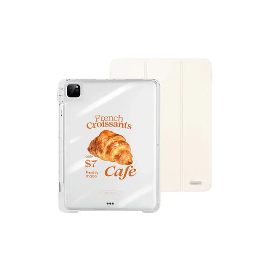 【導軌式可拆蓋】French Croissants｜奶油白三摺式不發黃背板iPad 保護套