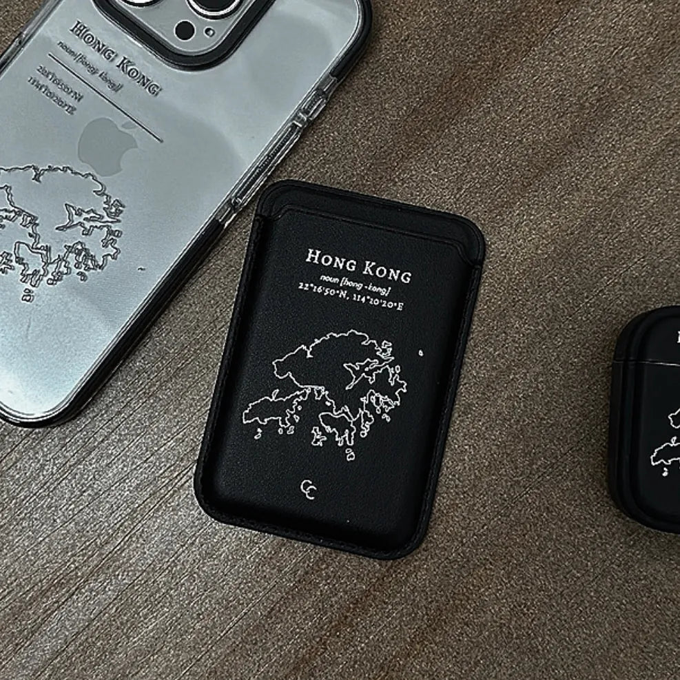 【Hong Kong 手繪地圖系列】MagSafe 黑色超強磁吸皮革卡套