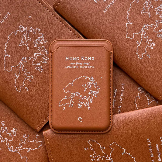 【Hong Kong 手繪地圖系列】MagSafe 啡色超強磁吸皮革卡套