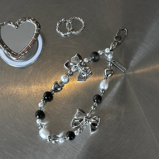 【全手工】銀扣銀曜石蝴蝶結串珠手腕掛繩連透明夾片