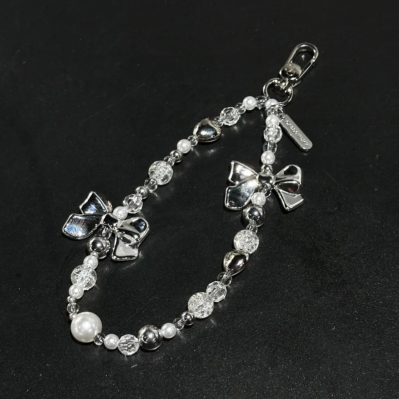 【全手工】銀扣蝴蝶結串珠手腕掛繩連透明夾片