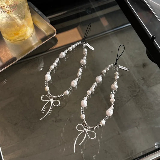 【全手工】銀色蝴蝶結手機串珠鏈