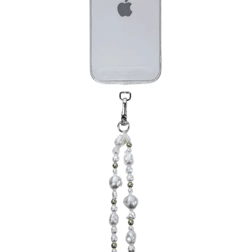 【全手工】銀扣珍珠串珠手機掛繩連透明夾片