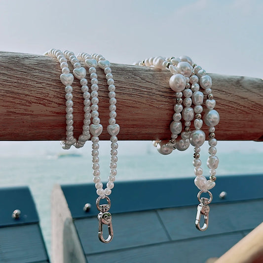 【全手工】銀扣愛心珍珠串珠手機掛繩連透明夾片