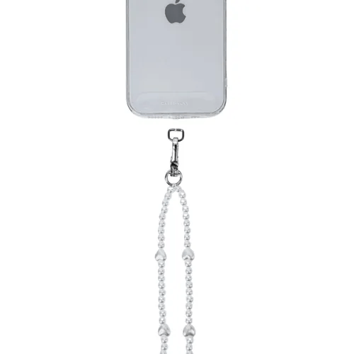 【全手工】銀扣愛心珍珠串珠手機掛繩連透明夾片