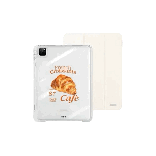 【導軌式可拆蓋】French Croissants｜奶油白三摺式不發黃背板iPad 保護套