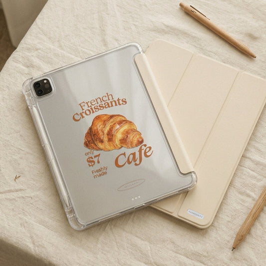 【導軌式可拆蓋】French Croissants｜奶油白三摺式不發黃背板iPad 保護套